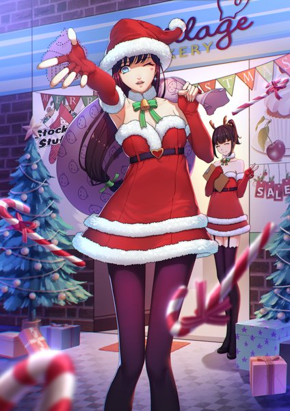 Anime picture 2480x3507 with original daye bie qia lian long hair tall image highres open mouth blue eyes black hair brown hair standing multiple girls outdoors eyes closed one eye closed wink blurry fur trim christmas outstretched hand merry christmas
