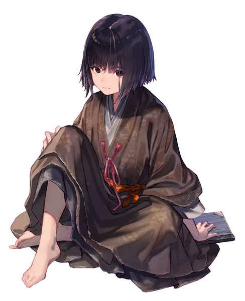 Anime picture 1081x1328 with sekiro: shadows die twice from software kuro the divine heir shirabi single tall image looking at viewer fringe short hair black hair simple background sitting brown eyes full body traditional clothes japanese clothes barefoot arm support boy kimono