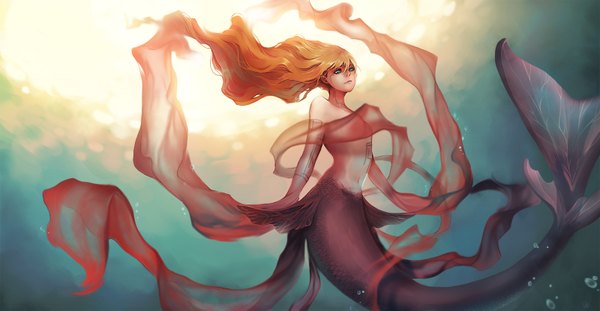 Anime picture 1600x830 with unodu single long hair blue eyes light erotic wide image bare shoulders tail orange hair tattoo topless underwater fish tail girl navel water mermaid fin (fins)