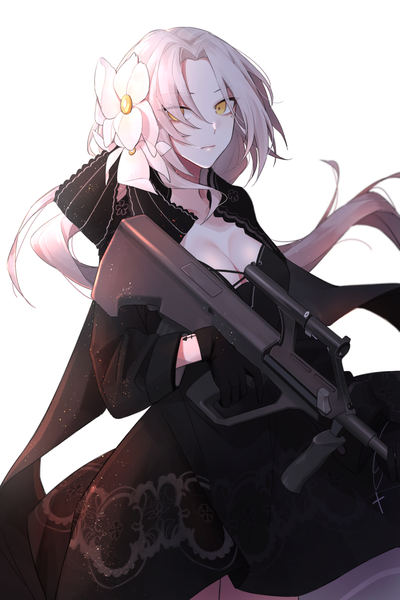 Anime picture 1213x1819 with girls frontline steyr aug (girls frontline) qb 516 single long hair tall image looking at viewer fringe simple background white background holding yellow eyes payot cleavage hair flower mole mole under eye floating hair low ponytail expressionless