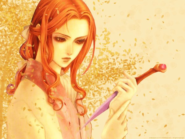 Anime picture 1600x1200 with alichino enju (alichino) k1ru shurei kouyu single long hair red eyes signed orange hair boy weapon petals leaf (leaves) dagger