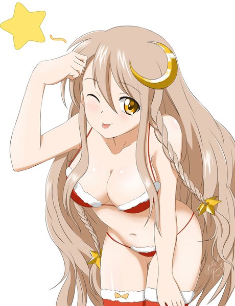 Anime picture 800x1043 with brave frontier (game) lucana kimmy77 single long hair tall image blush breasts light erotic simple background smile brown hair white background yellow eyes braid (braids) one eye closed wink leaning leaning forward twin braids