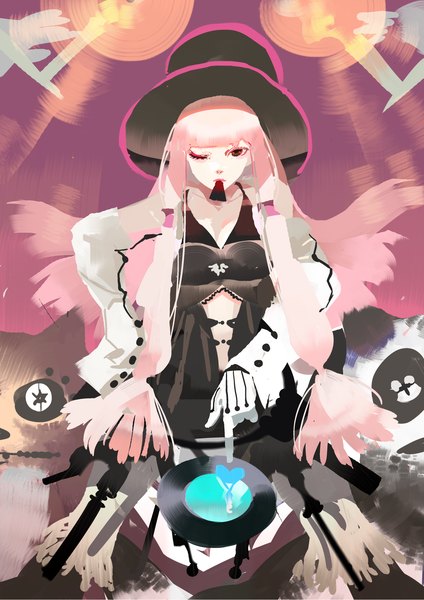 Anime picture 1447x2047 with 119 long hair tall image brown eyes pink hair one eye closed wink hand on hip mouth hold girl gloves hat heart top hat gramophone record