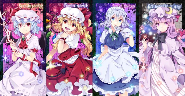 Anime picture 1119x582 with touhou flandre scarlet remilia scarlet izayoi sakuya patchouli knowledge chocho (homelessfox) looking at viewer open mouth blue eyes blonde hair red eyes wide image purple eyes multiple girls blue hair purple hair white hair maid multiview column lineup