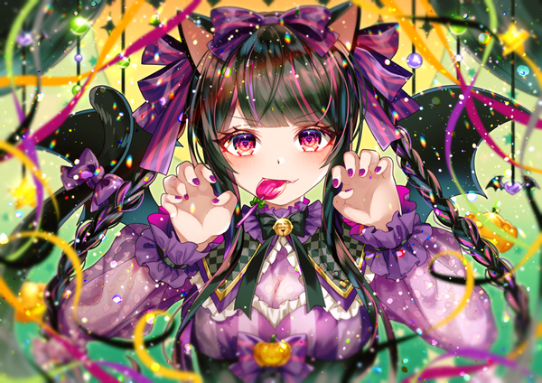 Anime picture 1000x708 with original shione (memento forest) single long hair fringe black hair holding animal ears upper body tail braid (braids) nail polish animal tail pink eyes multicolored hair cat ears cat girl cat tail streaked hair twin braids