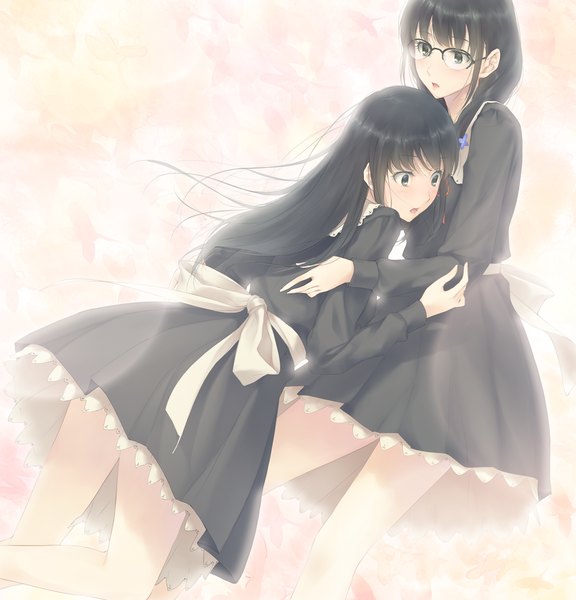 Anime picture 1280x1334 with flowers (innocent grey) innocent grey shirahane suou rikka hanabishi long hair tall image open mouth black hair white background multiple girls game cg black eyes girl dress uniform 2 girls school uniform glasses