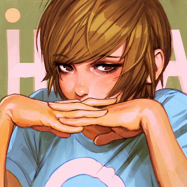Anime picture 1080x1080 with original ilya kuvshinov single looking at viewer short hair brown hair brown eyes ahoge inscription portrait covering covering face girl t-shirt hands