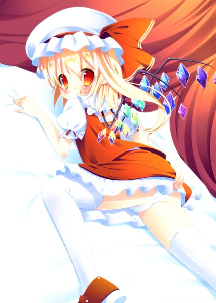 Anime picture 1200x1679 with touhou flandre scarlet zefa (neoaltemice) single tall image looking at viewer blush short hair light erotic blonde hair red eyes girl thighhighs dress skirt underwear panties white thighhighs wings bonnet