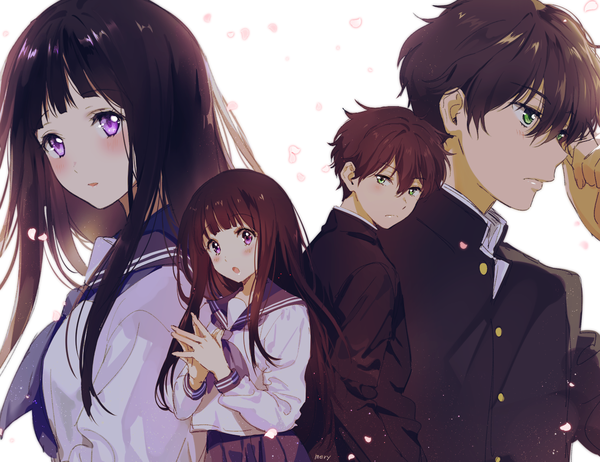 Anime picture 1384x1066 with hyouka kyoto animation chitanda eru oreki houtarou mery (yangmalgage) long hair looking at viewer blush fringe short hair open mouth black hair simple background hair between eyes brown hair white background green eyes signed blunt bangs long sleeves