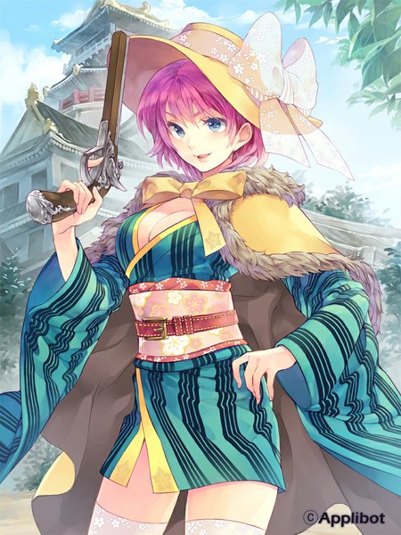 Anime picture 750x1000 with sengoku saga hakou (barasensou) single tall image looking at viewer short hair open mouth blue eyes pink hair traditional clothes japanese clothes girl thighhighs bow weapon hat kimono gun obi