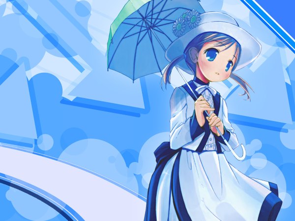 Anime picture 1280x960 with moetan pop single fringe blue eyes twintails holding blue hair looking away long sleeves parted lips low twintails blue background girl dress flower (flowers) hat umbrella directional arrow
