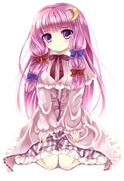 Anime picture 1500x2186 with touhou patchouli knowledge puracotte single long hair tall image looking at viewer simple background white background purple eyes purple hair crescent girl bow hair bow frills