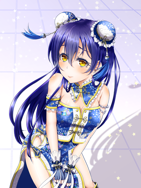 Anime picture 1800x2400 with love live! school idol project sunrise (studio) love live! sonoda umi tagme (artist) single long hair tall image looking at viewer highres bare shoulders yellow eyes blue hair hair bun (hair buns) chinese clothes girl gloves fingerless gloves chinese dress bun cover
