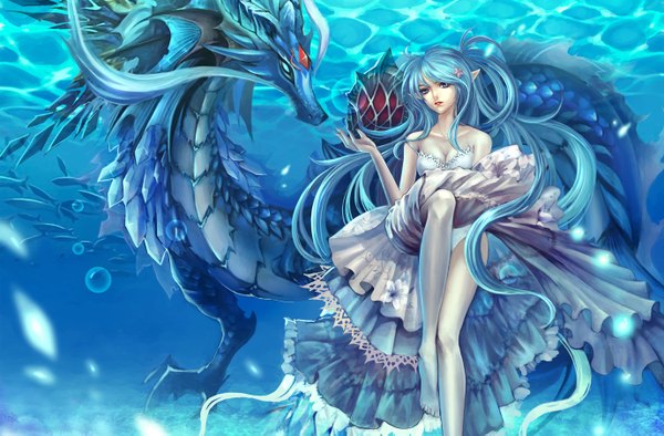 Anime picture 1378x907 with mokuasa (lene) long hair blue eyes light erotic blue hair barefoot pointy ears pantyshot underwater girl animal dragon