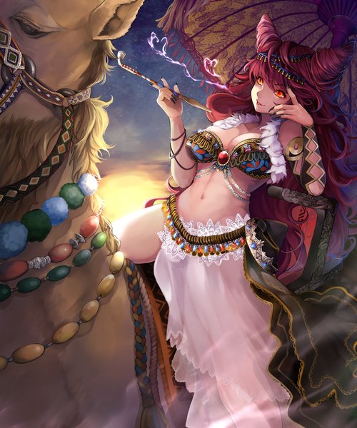 Anime picture 2500x3000 with original settyaro single long hair tall image fringe highres breasts light erotic smile red eyes holding cleavage red hair nail polish fingernails lips arm support bare belly midriff