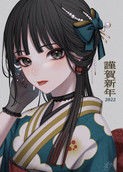 Anime picture 862x1200 with original ca yu single long hair tall image black hair simple background upper body traditional clothes japanese clothes black eyes grey background piercing floral print :p new year nengajou 2022 tongue piercing girl