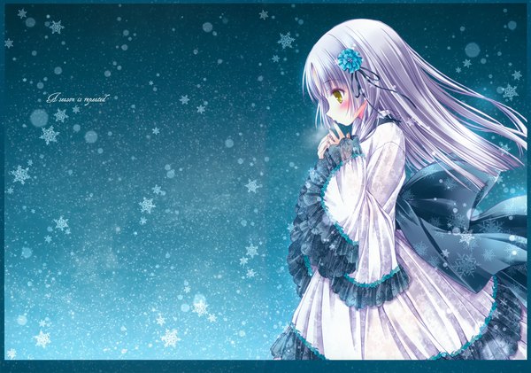 Anime picture 4311x3025 with original tinker bell single long hair blush highres yellow eyes absurdres silver hair profile scan snowing winter girl dress hair ornament frills snowflake (snowflakes)
