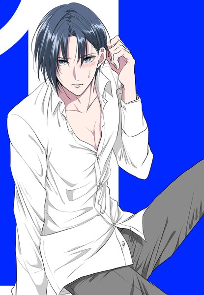 Anime picture 3340x4833 with idolish 7 izumi iori ichino (ame0211) single tall image looking at viewer highres short hair black hair sitting absurdres adjusting hair sweatdrop partially open clothes boy shirt white shirt
