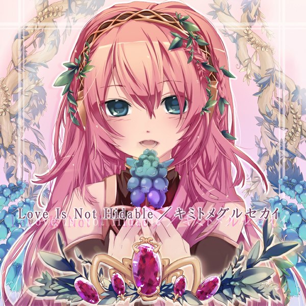 Anime picture 1000x1000 with vocaloid megurine luka hekicha single long hair blush fringe open mouth pink hair aqua eyes girl hair ornament plant (plants) detached sleeves food headphones crown berry (berries) grapes