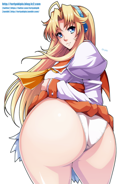 Anime picture 905x1280 with original hiromin single tall image breasts blue eyes light erotic blonde hair white background ahoge ass long sleeves light smile from behind puffy sleeves skirt lift girl skirt hair ornament underwear