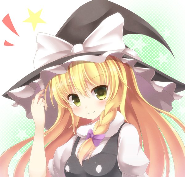 Anime picture 1295x1240 with touhou kirisame marisa aibumi single long hair looking at viewer blush blonde hair smile yellow eyes braid (braids) witch girl dress bow witch hat