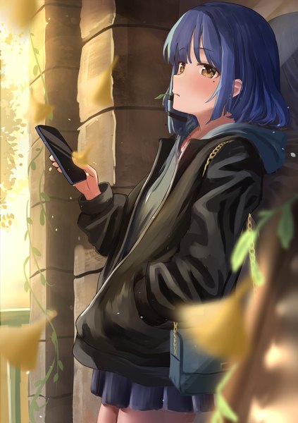 Anime picture 1445x2048 with bocchi the rock! cloverworks yamada ryou kirinagi35 single tall image short hair holding brown eyes blue hair outdoors mole open jacket mole under eye mouth hold hand in pocket girl plant (plants) jacket hood
