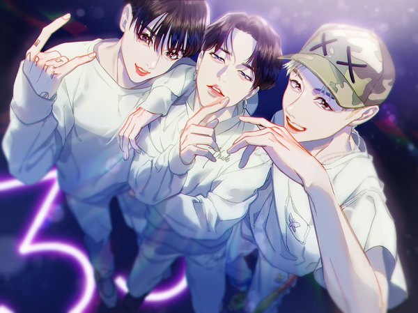 Anime picture 2000x1496 with real life bts v (bts) jeon jungkook (bts) j-hope manomenou looking at viewer highres short hair blonde hair brown hair standing from above multiple boys tattoo mmm boy earrings hoop earrings baseball cap