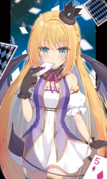 Anime picture 1654x2756 with original beni kurage single long hair tall image looking at viewer blush fringe blonde hair hair between eyes standing bare shoulders holding payot multicolored hair aqua eyes two-tone hair depth of field puffy sleeves half updo