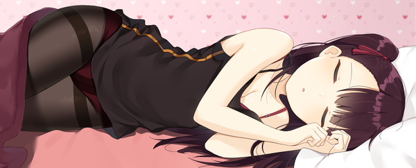 Anime picture 2543x1026 with girls frontline wa2000 (girls frontline) copiz single long hair blush fringe highres open mouth light erotic brown hair wide image lying eyes closed sleeveless one side up on side sleeping girl underwear