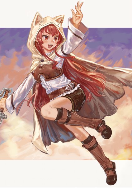 Anime picture 1361x1925 with mushoku tensei studio bind eris boreas greyrat yuugao single long hair tall image blush fringe open mouth smile red eyes standing holding looking away cloud (clouds) full body bent knee (knees) red hair :d