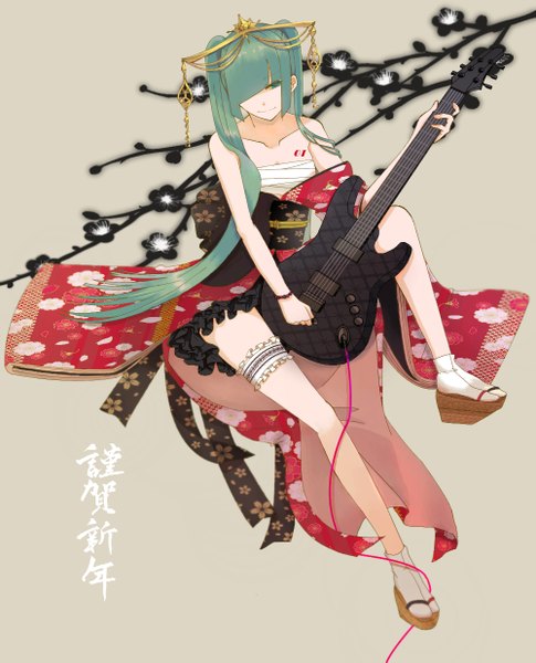 Anime picture 1000x1237 with vocaloid hatsune miku tuukouninnn single tall image fringe smile twintails bare shoulders japanese clothes aqua eyes hair over one eye aqua hair tattoo alternate costume cherry blossoms alternate hairstyle girl hair ornament socks