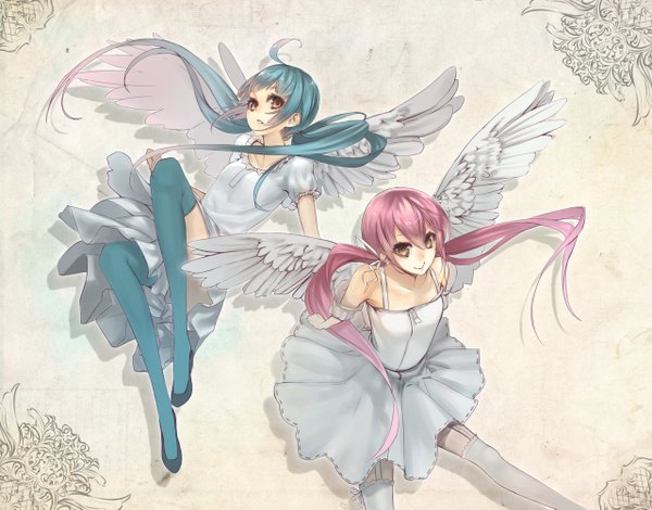 Anime picture 1280x1003 with original mins (minevi) long hair looking at viewer fringe simple background brown hair twintails bare shoulders multiple girls pink hair very long hair light smile aqua hair angel wings girl thighhighs dress 2 girls white thighhighs