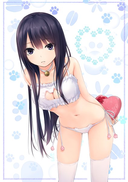 Anime picture 1000x1415 with original shiramine rika coffee-kizoku single long hair tall image looking at viewer blush fringe breasts blue eyes light erotic black hair simple background hair between eyes standing bare shoulders holding payot parted lips