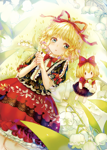 Anime picture 2208x3106 with touhou medicine melancholy su-san here (hr rz ggg) tall image blush highres short hair blue eyes blonde hair multiple girls holding looking away lying :o on back minigirl girl dress flower (flowers)