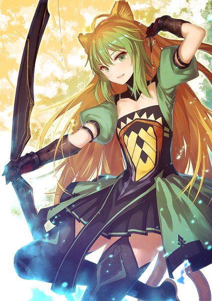 Anime picture 908x1288 with fate (series) fate/grand order atalanta (fate) ibuki notsu single long hair tall image open mouth green eyes animal ears looking away :d green hair girl thighhighs dress gloves weapon black thighhighs black gloves