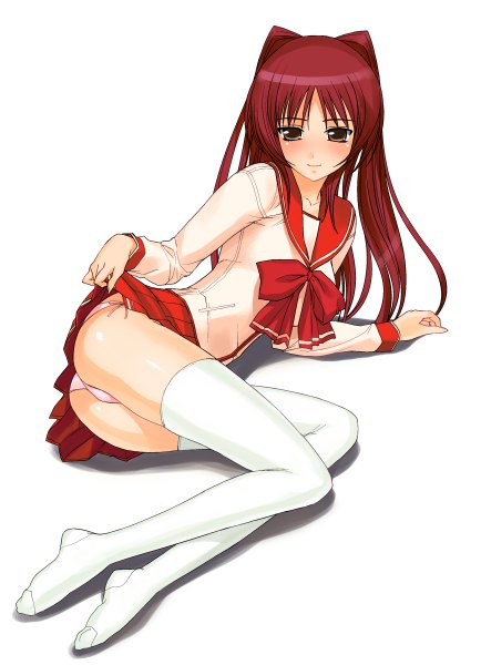 Anime picture 1736x2400 with to heart 2 leaf (studio) kousaka tamaki a1 single long hair tall image looking at viewer blush highres light erotic simple background white background brown eyes game cg red hair girl thighhighs uniform underwear