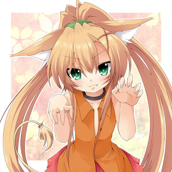 Anime picture 1000x1000 with original noa (nicovideo3269329) single long hair blush blonde hair twintails green eyes animal ears cat ears teeth cat girl cat tail fang (fangs) girl