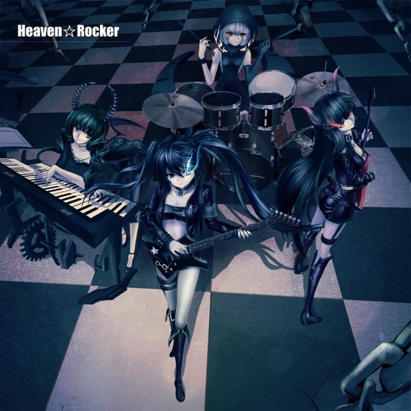 イラスト 2500x2500 と ブラック★ロックシューター black rock shooter (character) dead master kuroi mato black devil girl ushas highres multiple girls 角 glowing glowing eye (eyes) checkered floor checkered background band 女の子 4人女子 楽器 ピック keyboard (instrument)