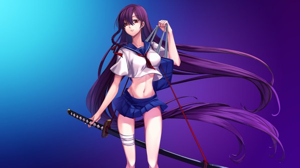 Anime-Bild 1600x900 mit original assassinwarrior jh single looking at viewer fringe breasts hair between eyes red eyes wide image holding purple hair braid (braids) very long hair parted lips pleated skirt light smile bare belly midriff wallpaper