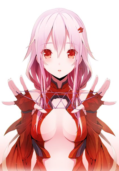 Anime picture 1050x1500 with guilty crown production i.g yuzuriha inori rokumu hitomu (artist) single long hair tall image blush breasts light erotic simple background red eyes white background pink hair center opening girl gloves fingerless gloves thread