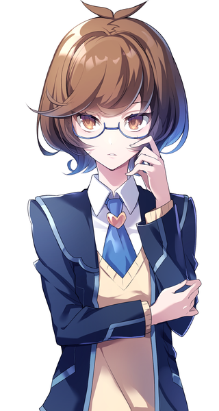 Anime picture 1054x1972 with yu-gi-oh! yuu-gi-ou vrains zaizen aoi yuui1994 single tall image short hair simple background brown hair white background brown eyes looking away upper body ahoge parted lips adjusting hair bespectacled girl uniform school uniform