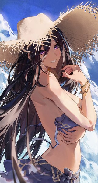 Anime picture 1300x2423 with genshin impact clorinde (genshin impact) cozyu single long hair tall image looking at viewer fringe breasts light erotic black hair smile hair between eyes standing purple eyes sky cloud (clouds) outdoors parted lips arm up