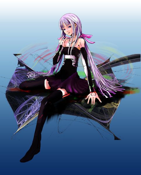 Anime picture 1650x2046 with original sputnik films long hair tall image looking at viewer smile purple eyes twintails purple hair teeth goth-loli gothic girl thighhighs dress ribbon (ribbons) hair ribbon boots black dress pendant