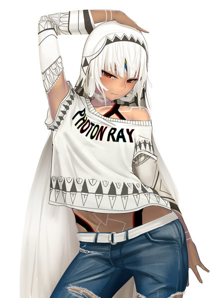Anime picture 800x1080 with fate (series) fate/grand order fate/extra altera (fate) i-pan single tall image looking at viewer fringe short hair simple background red eyes standing white background bare shoulders white hair blunt bangs arm up short sleeves midriff