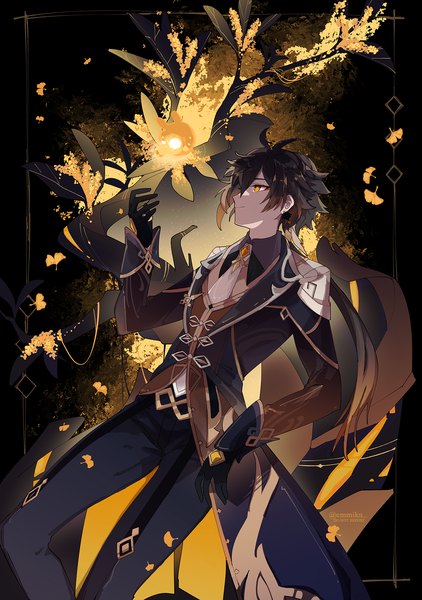 Anime picture 1322x1879 with genshin impact zhongli (genshin impact) seelie (genshin impact) emmikn single long hair tall image fringe smile hair between eyes brown hair signed yellow eyes looking away profile twitter username low ponytail boy gloves flower (flowers)
