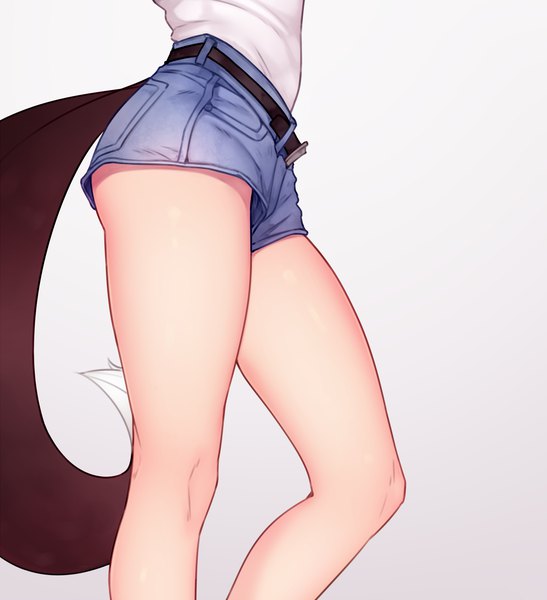 Anime picture 1322x1450 with original bluefield single tall image light erotic simple background standing tail grey background bare legs legs thighs head out of frame girl shorts belt short shorts denim shorts