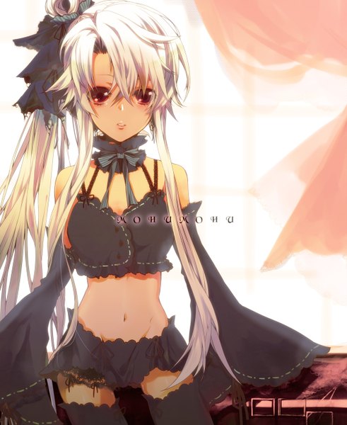 Anime picture 1073x1310 with original manyako (mohumohu) single long hair tall image red eyes bare shoulders white hair midriff girl navel hair ornament underwear bow hair bow detached sleeves