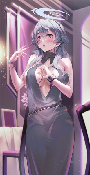 Anime picture 2983x5772 with blue archive ako (blue archive) ako (dress) (blue archive) dance arm single long hair tall image fringe highres breasts open mouth blue eyes light erotic hair between eyes large breasts standing bare shoulders blue hair looking away indoors