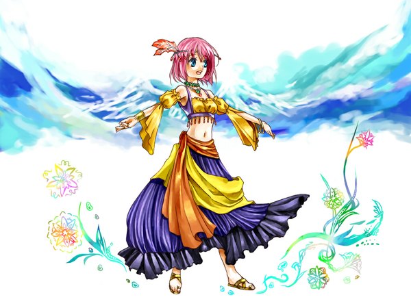 Anime picture 1024x768 with dragon quest dragon quest ix short hair open mouth blue eyes pink hair midriff wallpaper dress flower (flowers) detached sleeves bracelet headband jewelry feather (feathers) ring necklace sandals heroine (dq9) ri yu