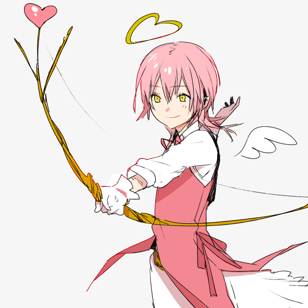 Anime picture 1200x1200 with mahou shoujo madoka magica shaft (studio) kaname madoka single short hair simple background smile yellow eyes pink hair light smile angel wings genderswap boy gloves weapon wings white gloves heart halo bow (weapon)